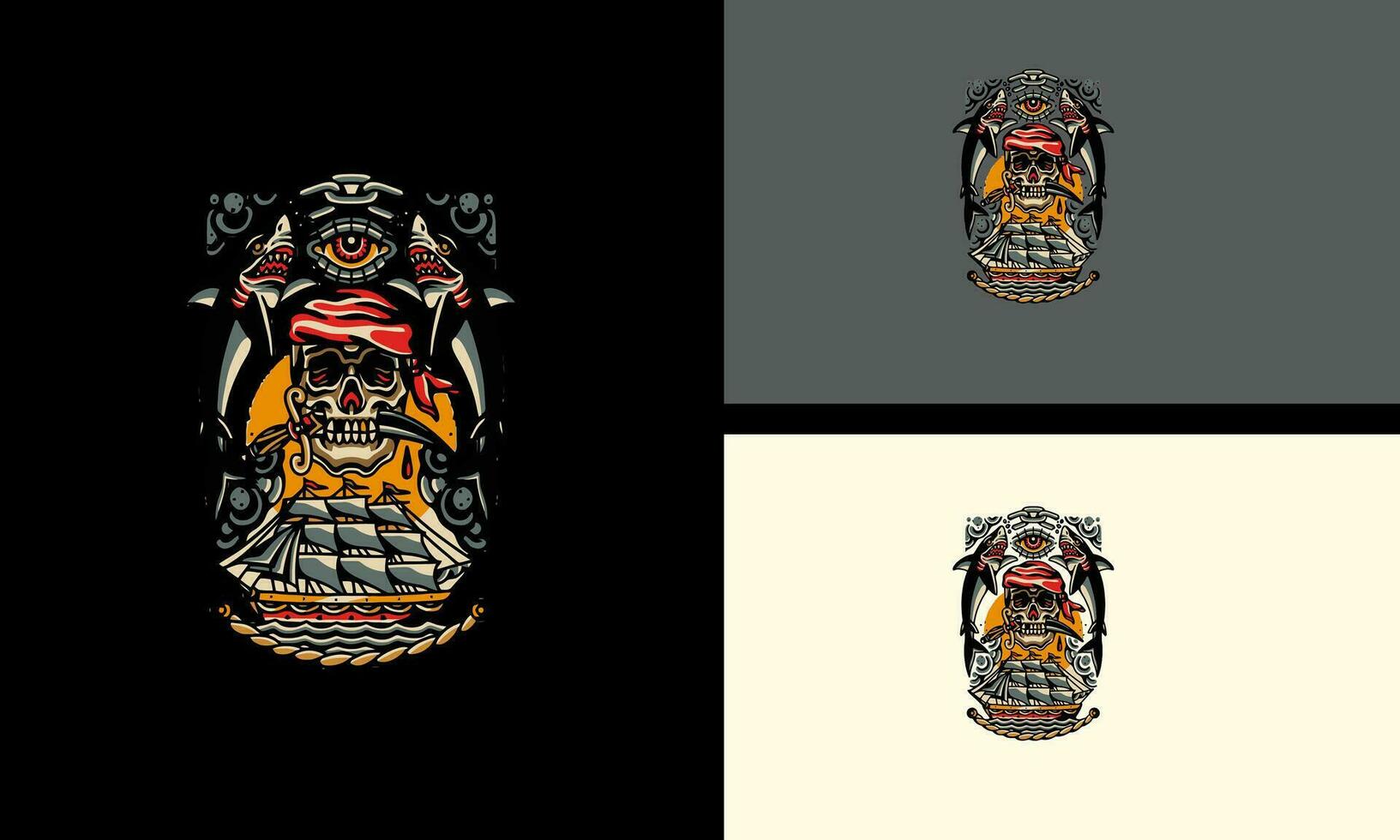 head skull and shark vector flat design