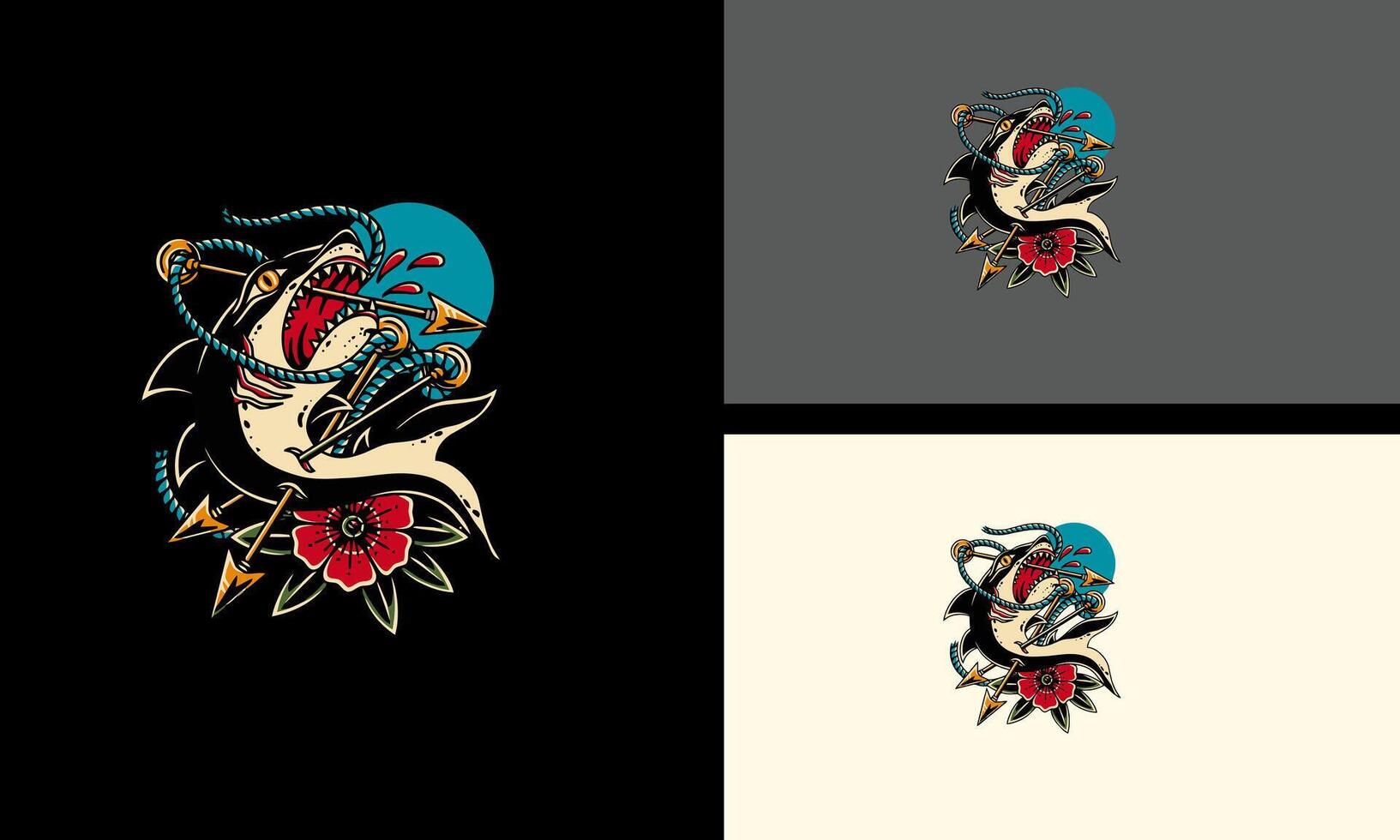 shark and red rose vector flat design