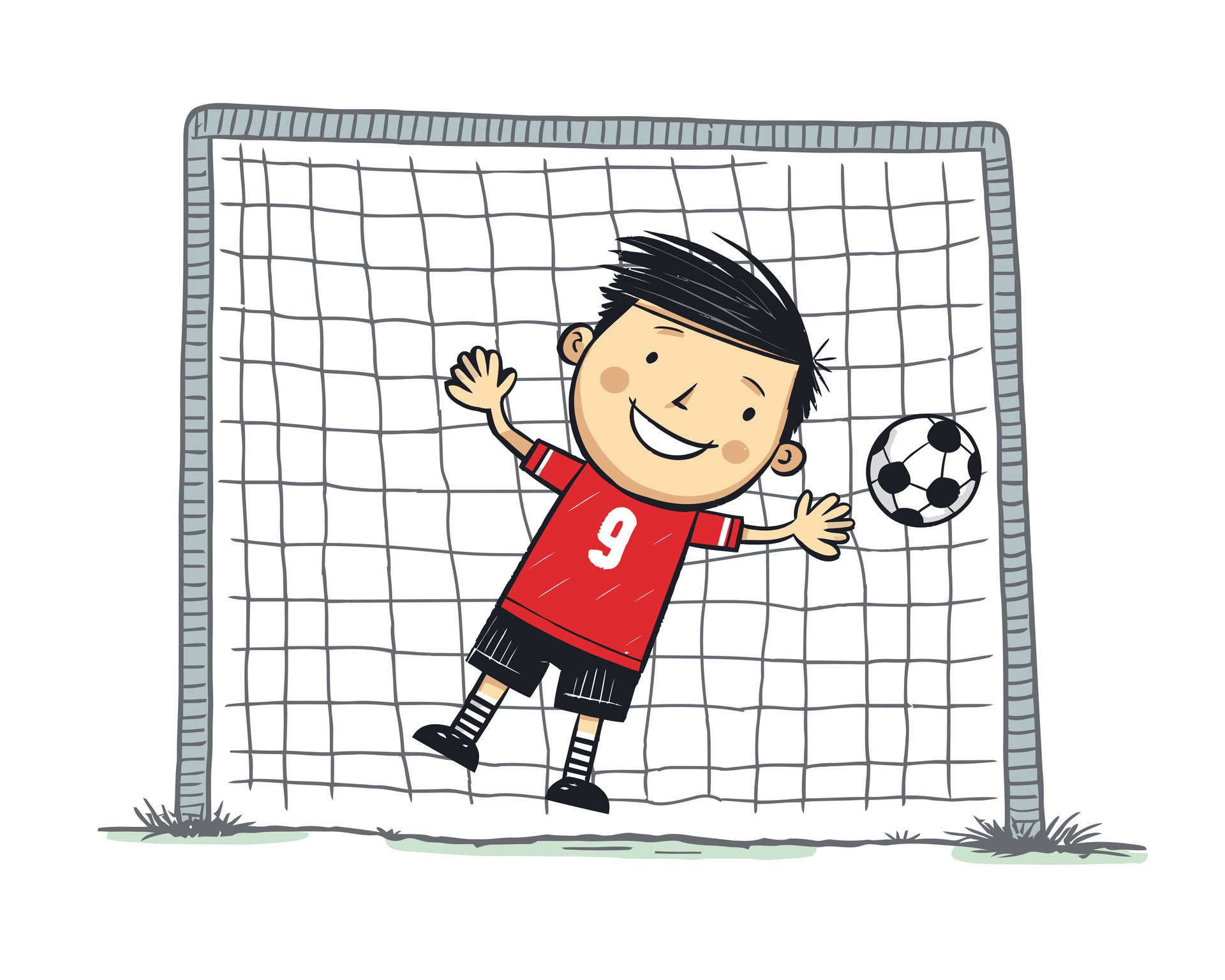 Soccer goalkeeper keeping goal vector illustration, cartoon kids hand