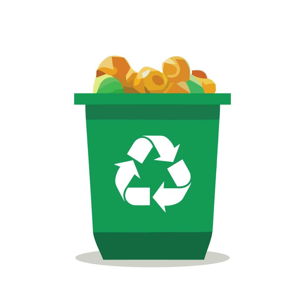 Green recycle bin with trash isolated on white background flat vector