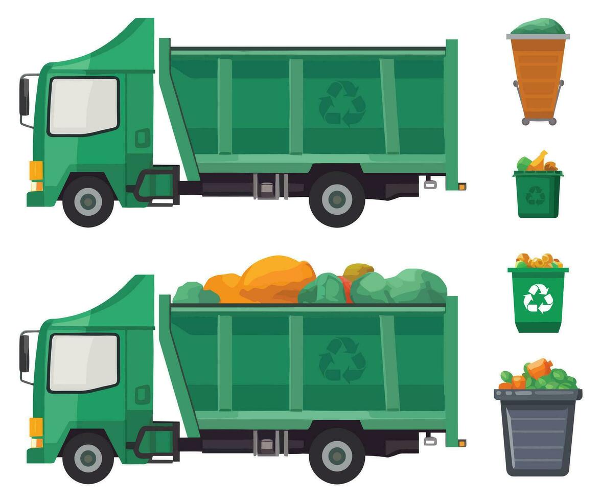 Green Garbage truck and various types of trash bin isolated on white background. garbage truck and dustbin with rubbish. Ecology and recycle concept Vector illustration.