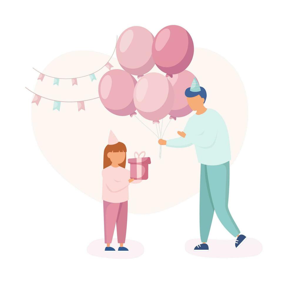 Happy birthday party. Dad gives balloons to his daughter and little pink gift box for her birthday. Children's day concept vector