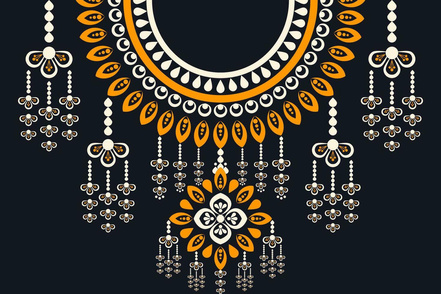 ethnic collar lace pattern traditional on black background. Necklace embroidery abstract vector illustration. Designs for fashion, fashion men, fashion women, kaftan, collar pattern, necklace pattern