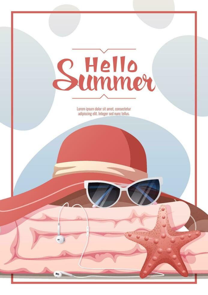 Flyer design with summer accessories. Beach hat, sunglasses, towel, seashells.Beach vibe, summer time. Banner poster, background for summer party, advertising promotion, invitation. vector