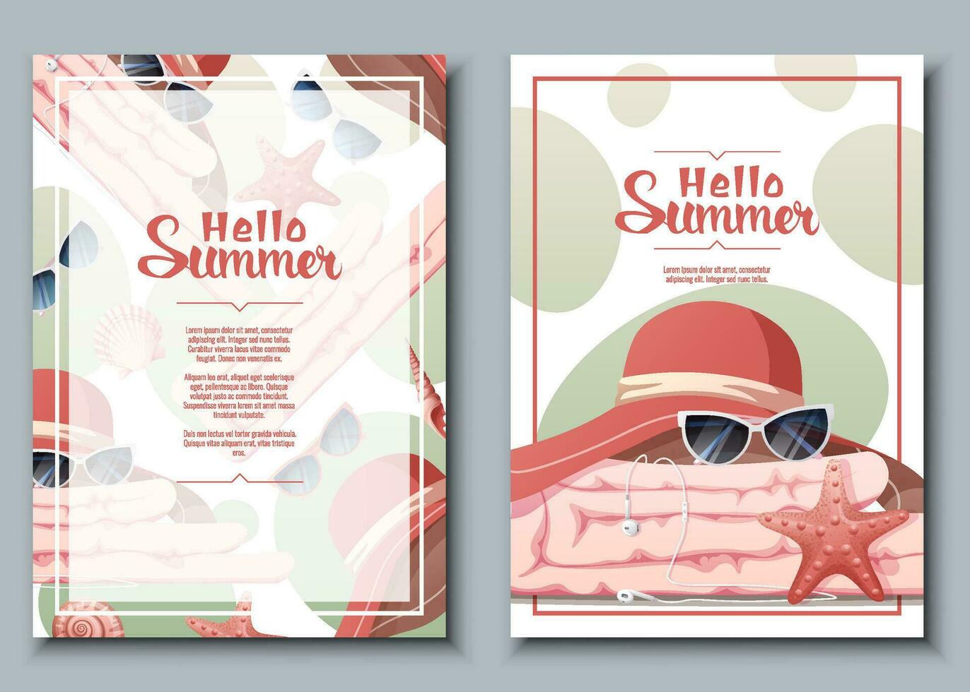 Flyer template set with summer accessories.Beach hat, sunglasses, towel, seashells. Beach vibe, summer time. Banner poster, background for summer party, advertising promotion, invitation. vector
