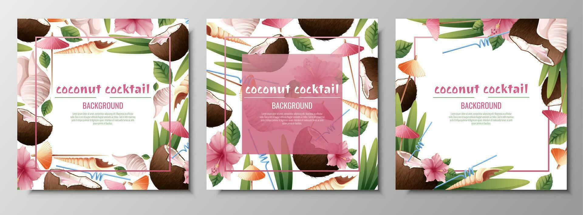 Set of postcard templates with coconut cocktails, umbrellas, hibiscus flowers, shells.Background with beach drinks for parties, holidays, advertising. Summer banner with coconut tropical fruit vector
