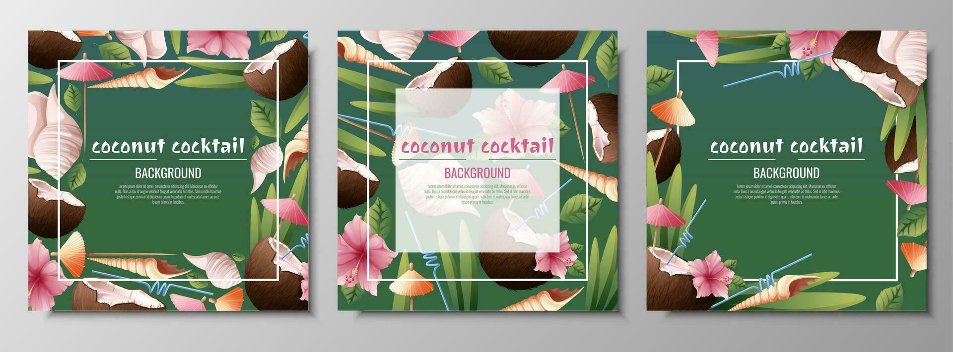 Set of postcard templates with coconut cocktails, umbrellas, hibiscus flowers, shells.Background with beach drinks for parties, holidays, advertising. Summer banner with coconut tropical fruit vector