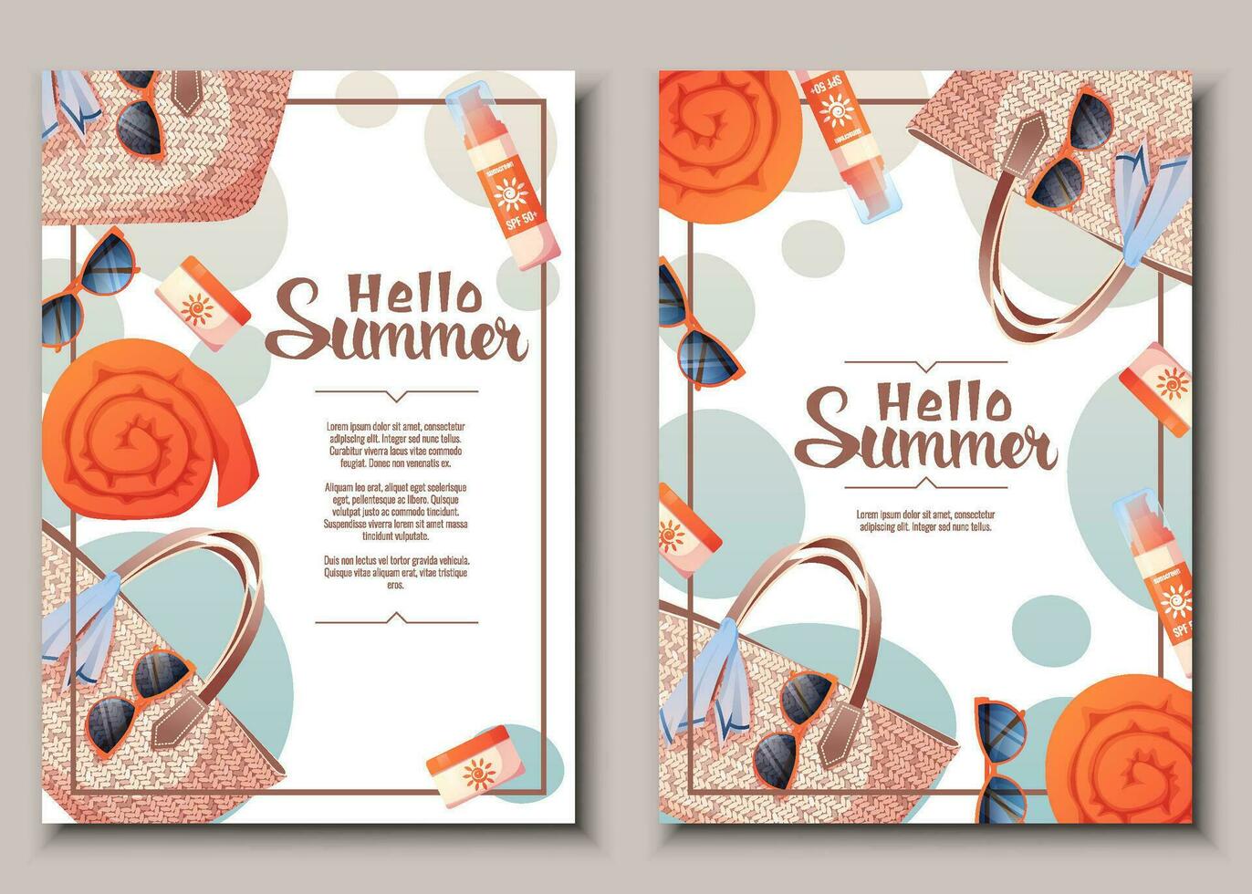 Flyer template set with summer accessories. Wicker bag, towel, sunscreen. Beach vibe, summer time. Banner poster, background for summer party, advertising promotion, invitation. vector