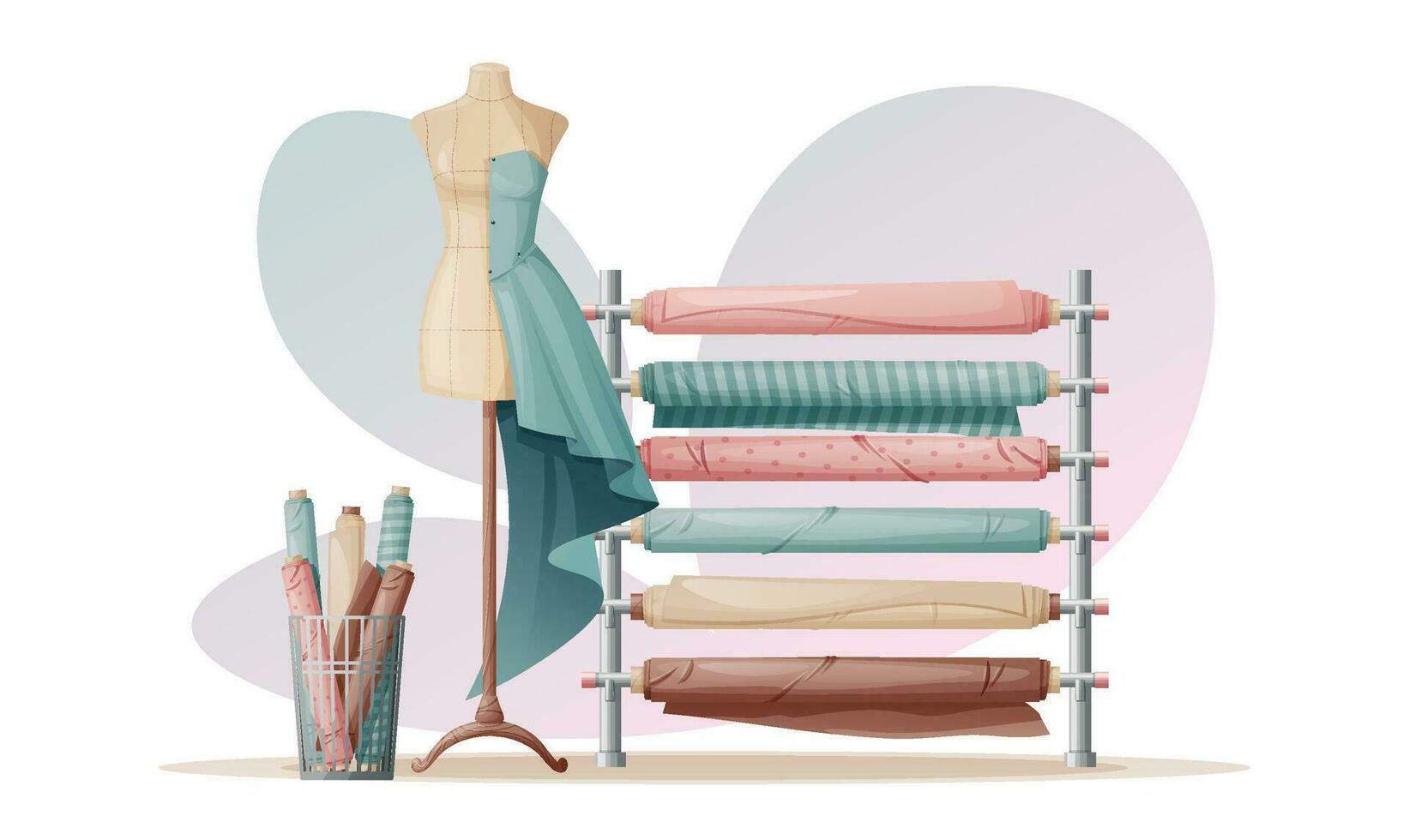 Illustration of manikin and rolls of fabric against white background. Sewing tools, needlework, hobby, craft, workplace. Light industry, clothing production. vector