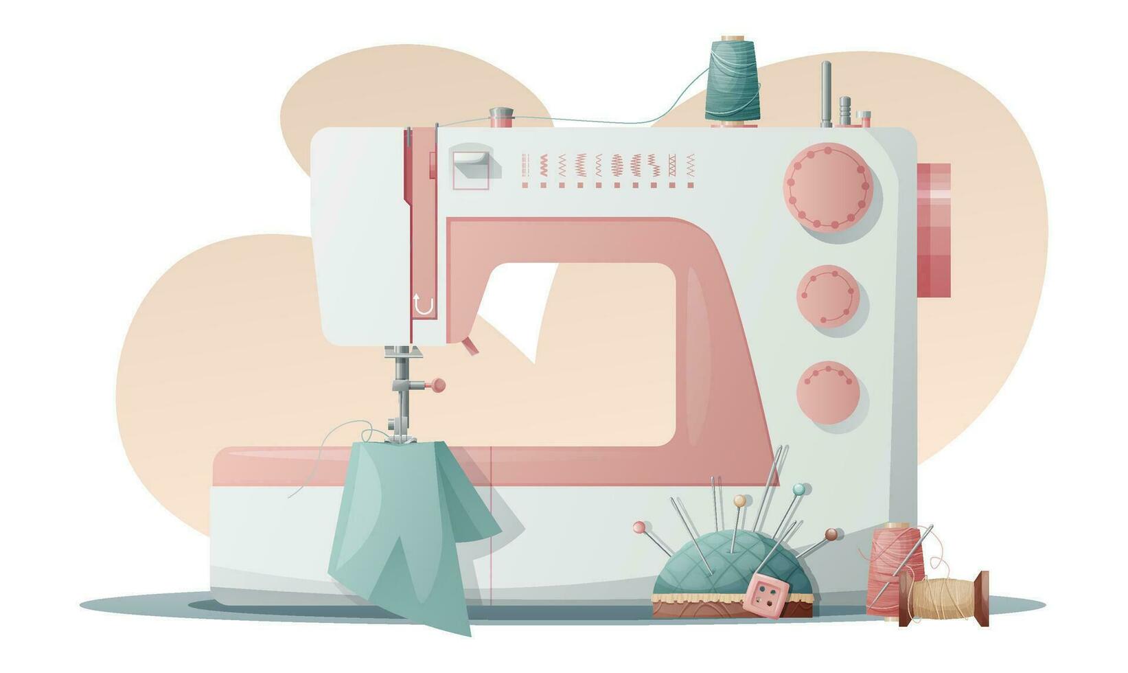 Illustration of a sewing machine with threads and a needle bed on a white background.Sewing tools, needlework, hobby, craft,workplace. vector