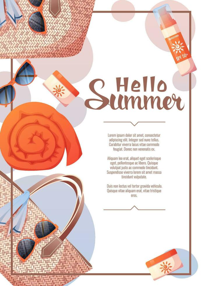 Flyer design with summer accessories. Wicker bag, towel, sunscreen. Beach vibe, summer time. Banner poster, background for summer party, advertising promotion, invitation. vector