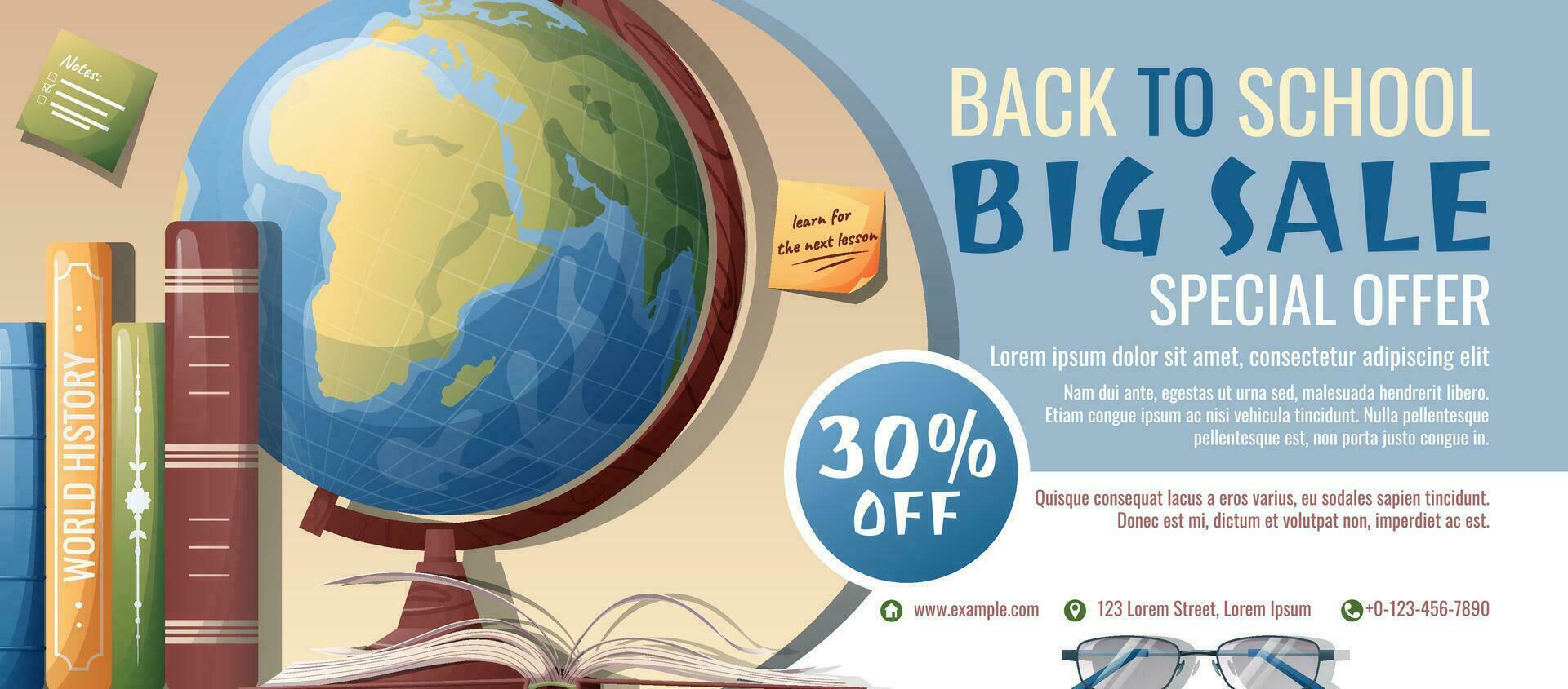 Back to school discount banner template. Learning, knowledge, education. Flyer, poster with textbooks, books, globe, stationery. vector