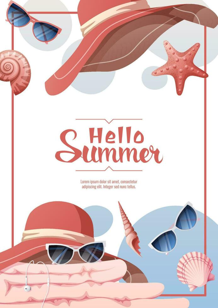 Flyer design with summer accessories. Beach hat, sunglasses, towel, seashells.Beach vibe, summer time. Banner poster, background for summer party, advertising promotion, invitation. vector