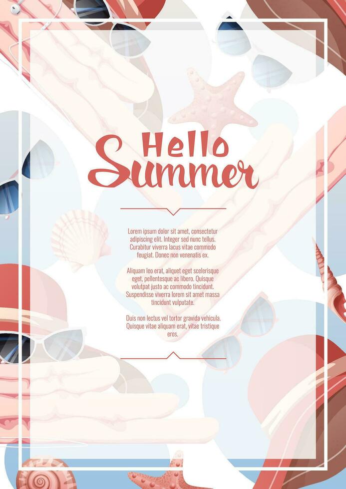 Flyer design with summer accessories. Beach hat, sunglasses, towel, seashells.Beach vibe, summer time. Banner poster, background for summer party, advertising promotion, invitation. vector