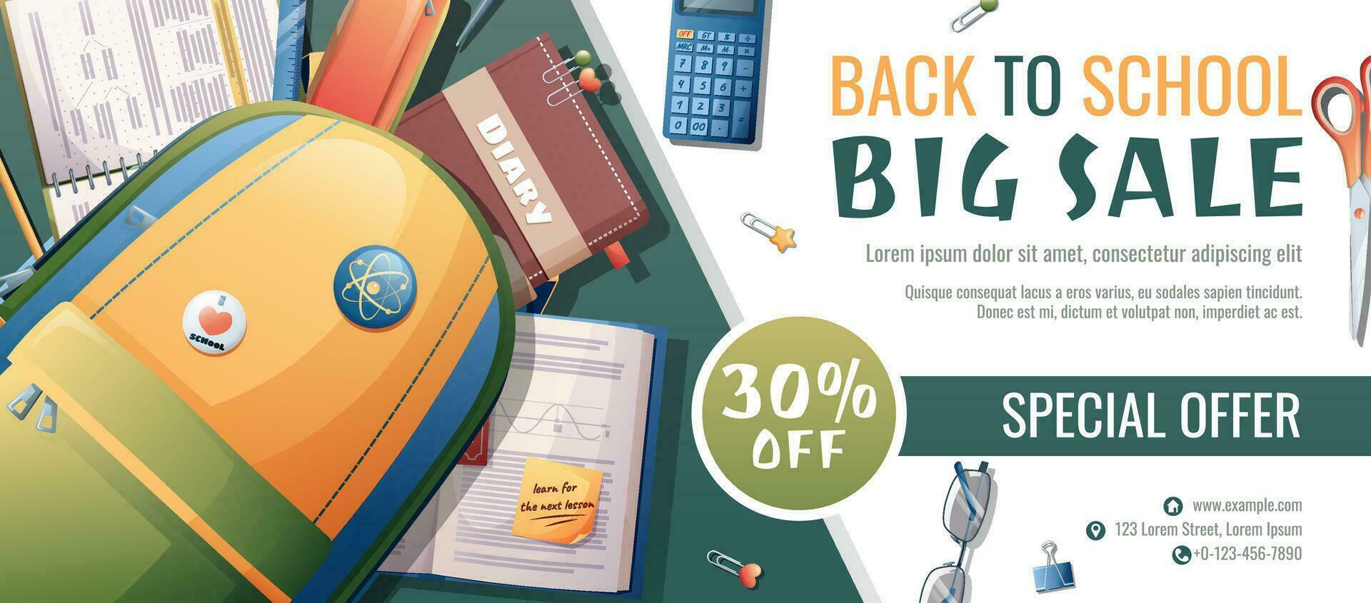 Back to school discount banner template. Learning, knowledge, education. Flyer, poster with textbooks, books, backpack, stationery. vector