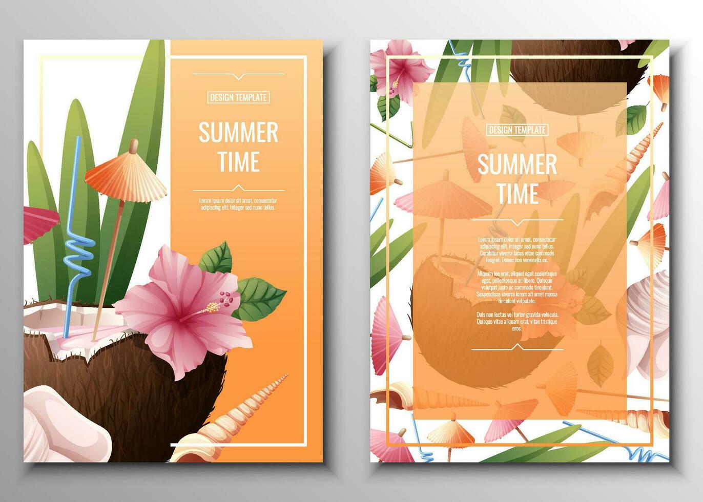 Set of flyer templates with beach coconut cocktail and hibiscus flowers. Tropical vacation, summer vacation. Banner, poster with beach drinks a4 size. vector