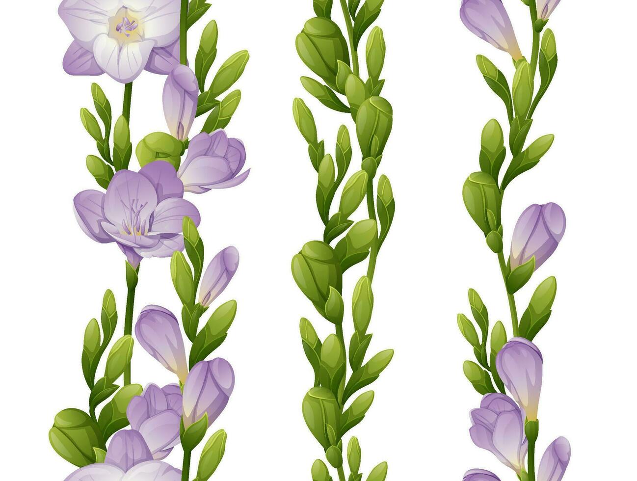 Set of vertical seamless border with purple freesia flowers and green buds. Floral ornament with purple flowers. Botanical flower illustration for wedding design, wallpaper, advertising vector