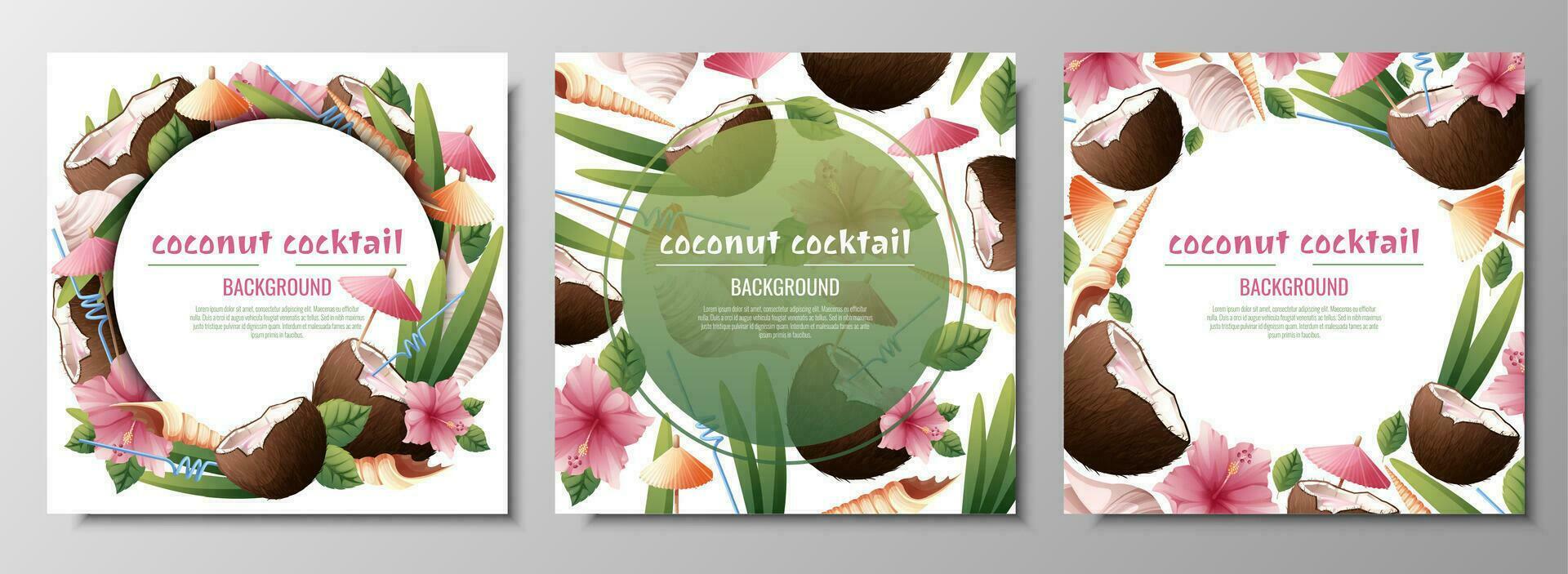 Set of postcard templates with coconut cocktails, umbrellas, hibiscus flowers, shells.Background with beach drinks for parties, holidays, advertising. Summer banner with coconut tropical fruit vector