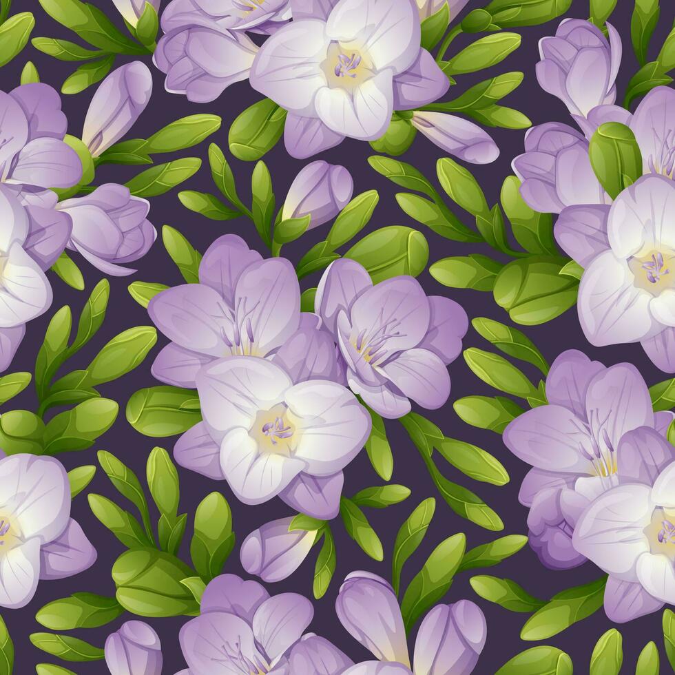 sin costura modelo con fresia flores textura con púrpura flores y verde brotes floral impresión para tela, textil, papel, fondo de pantalla, etc. vector