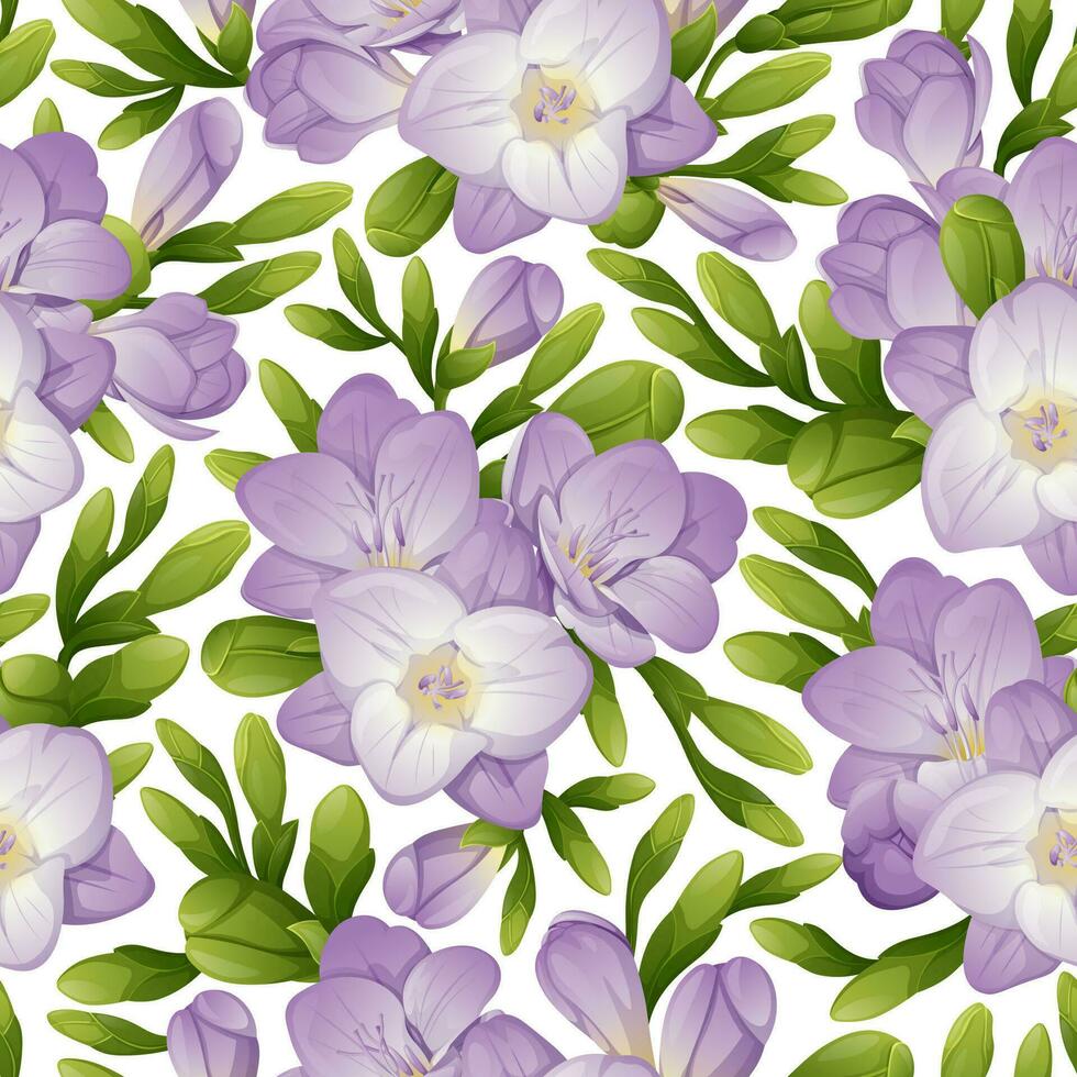 Seamless pattern with freesia flowers. Texture with purple flowers and green buds. Floral print for fabric, textile, paper, wallpaper, etc. vector