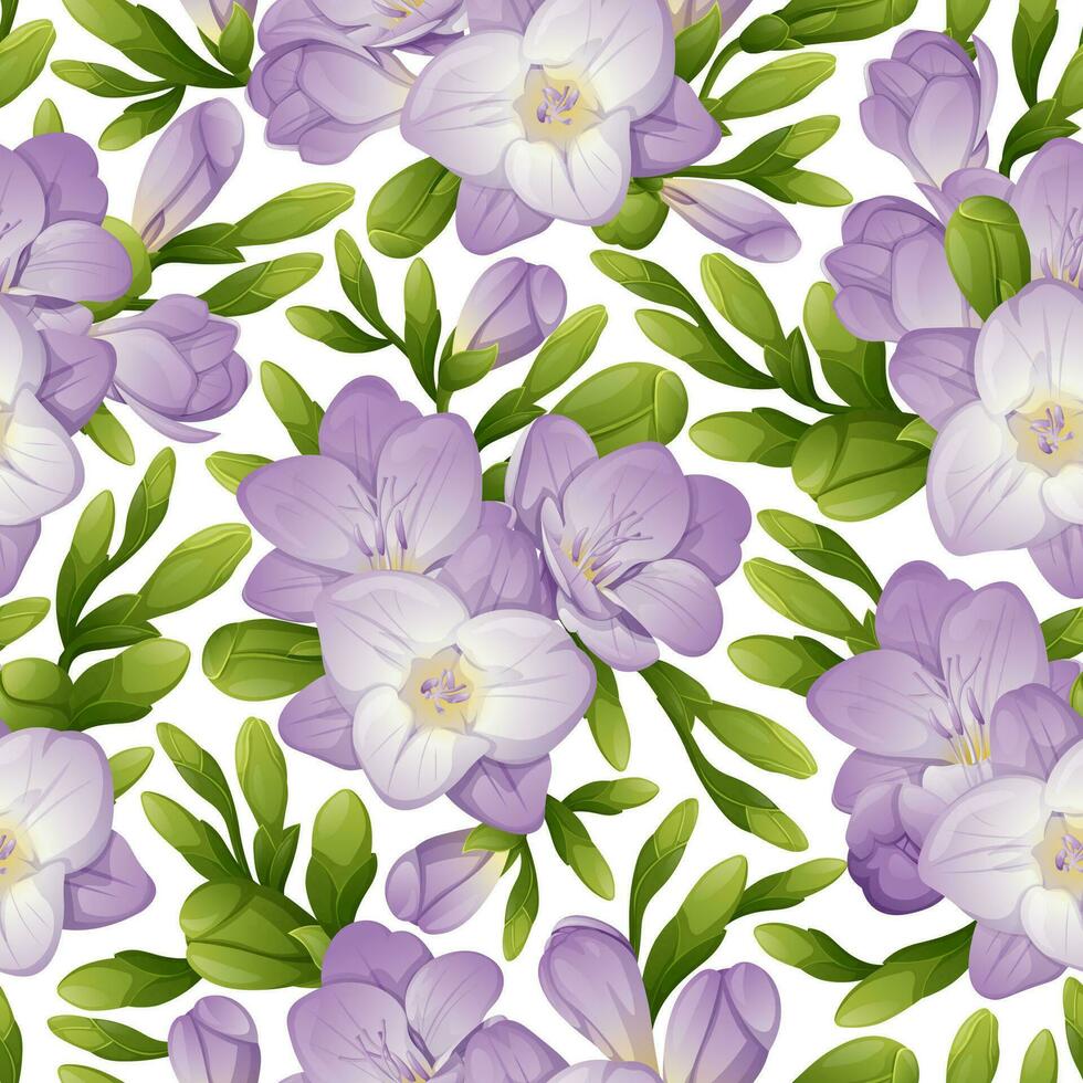 sin costura modelo con fresia flores textura con púrpura flores y verde brotes floral impresión para tela, textil, papel, fondo de pantalla, etc. vector