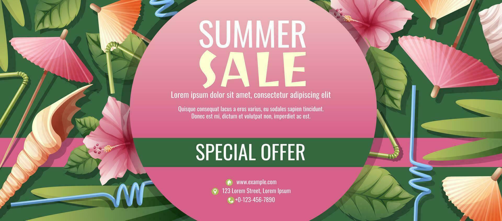 Discount flyer template with coconut cocktail, umbrellas and hibiscus flowers. Coupon for summer discounts. vector