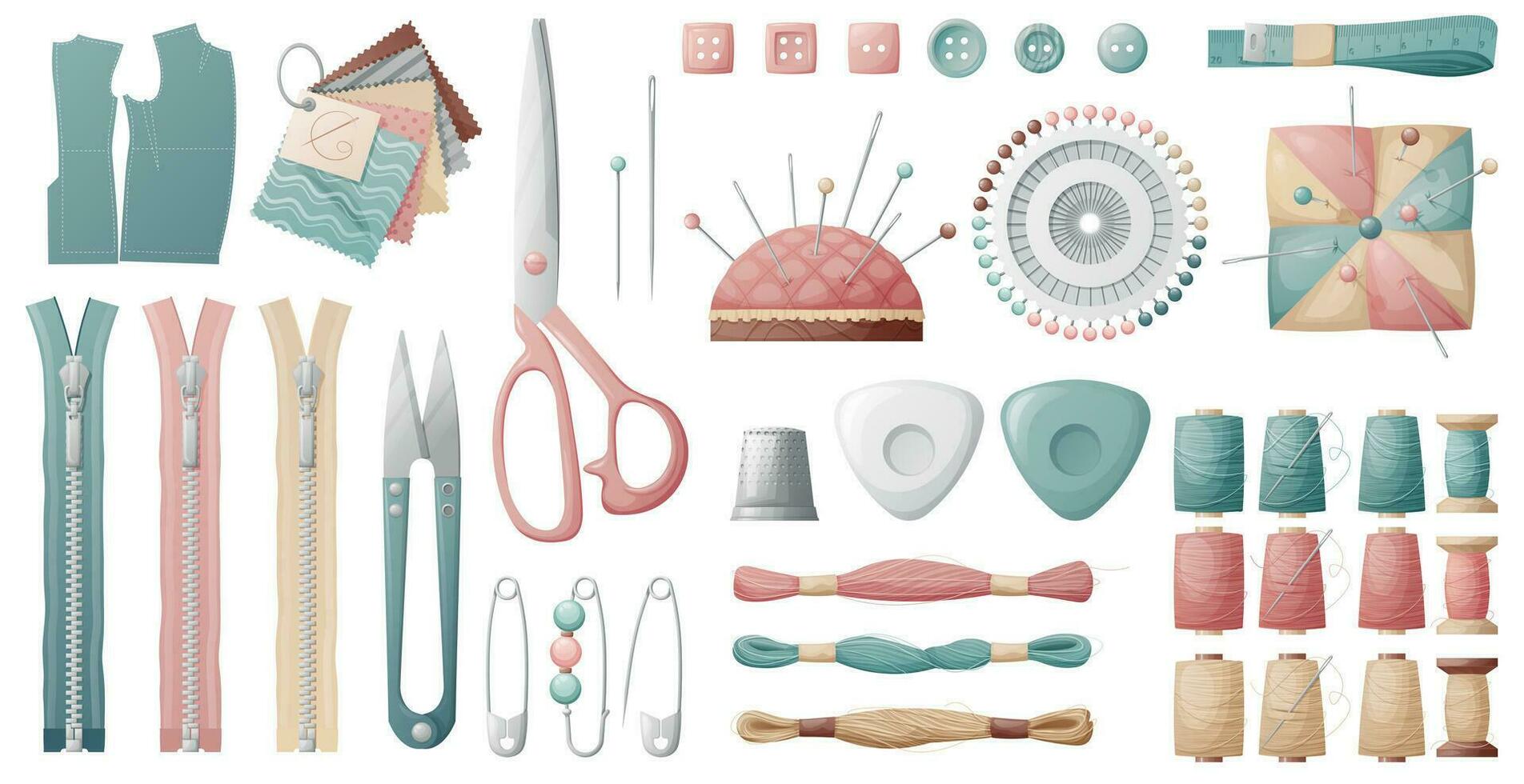 Set of sewing tools on a white background. Pin, needle holder, thread, scissors, etc. Tools for hobbies, needlework, sewing, embroidery. Light industry, clothing production. vector