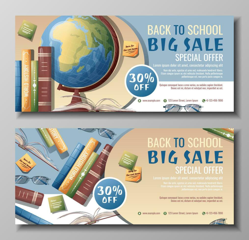 Back to school discount banner template. Learning, knowledge, education. Flyer, poster with textbooks, books, globe, stationery. vector
