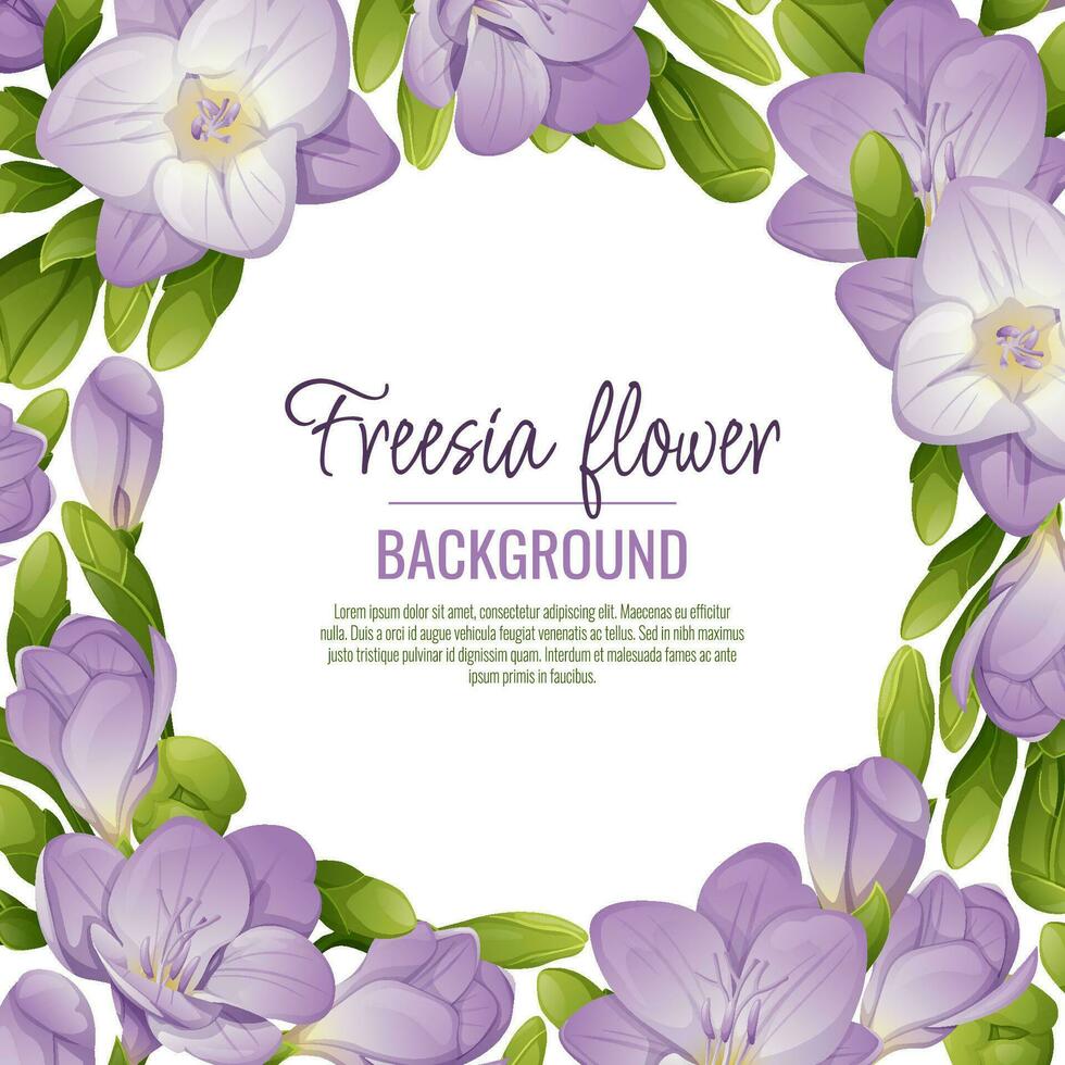 Background with freesia flowers. Beautiful frame with purple flowers and buds. Spring card, banner, wedding invitation vector