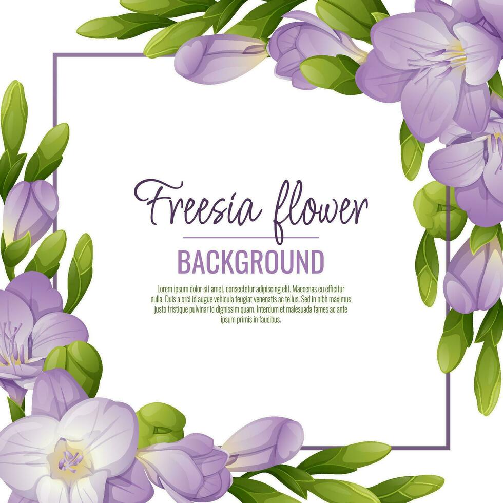 Background with freesia flowers. Beautiful frame with purple flowers and buds. Spring card, banner, wedding invitation vector