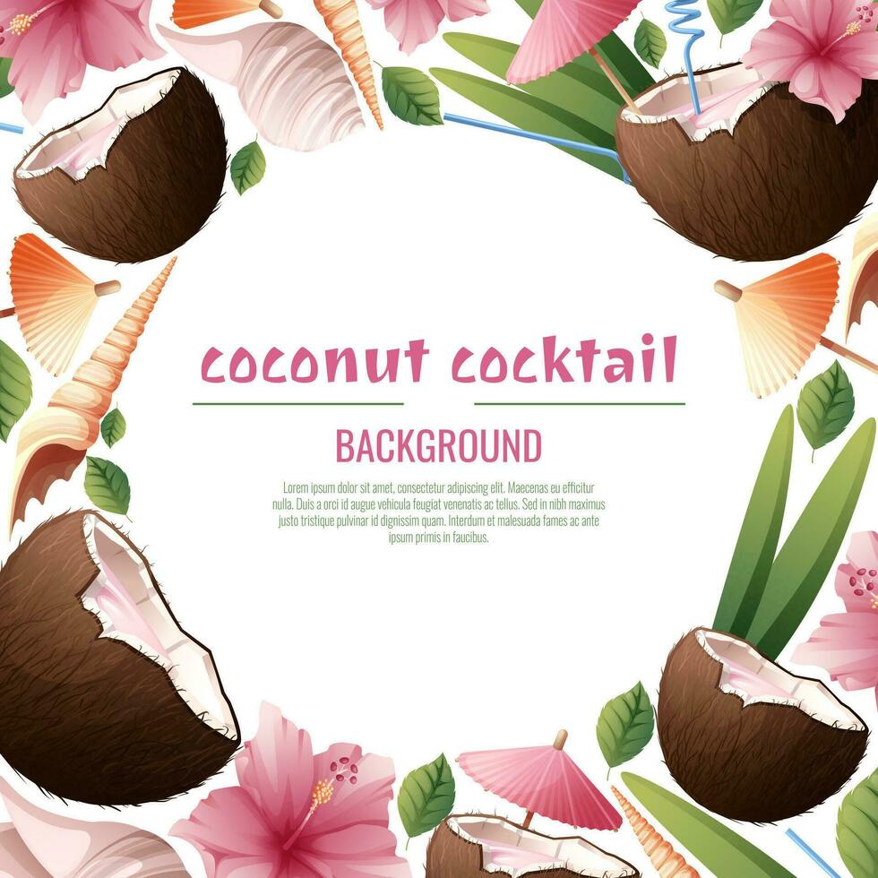 antecedentes con Coco cócteles, sombrillas, hibisco flores, conchas marinas tarjeta postal con playa bebidas para fiestas, vacaciones, publicidad. verano bandera con Coco tropical Fruta vector