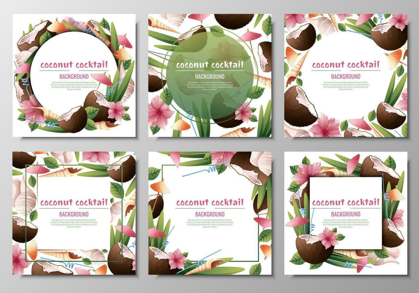 Set of postcard templates with coconut cocktails, umbrellas, hibiscus flowers, shells.Background with beach drinks for parties, holidays, advertising. Summer banner with coconut tropical fruit vector