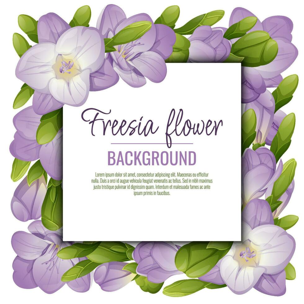 Background with freesia flowers. Beautiful frame with purple flowers and buds. Spring card, banner, wedding invitation vector