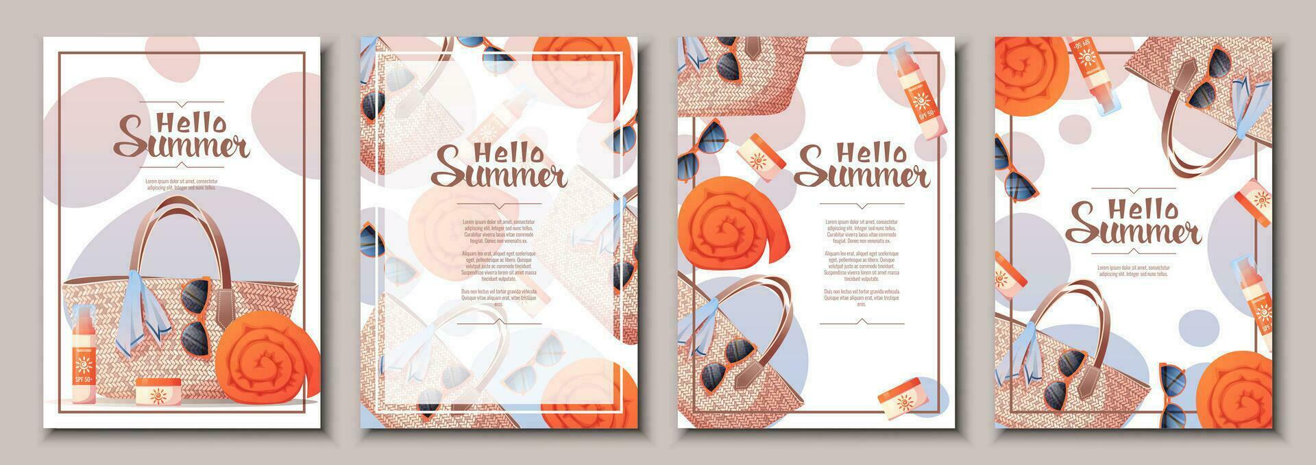 Flyer template set with summer accessories. Wicker bag, towel, sunscreen. Beach vibe, summer time. Banner poster, background for summer party, advertising promotion, invitation. vector