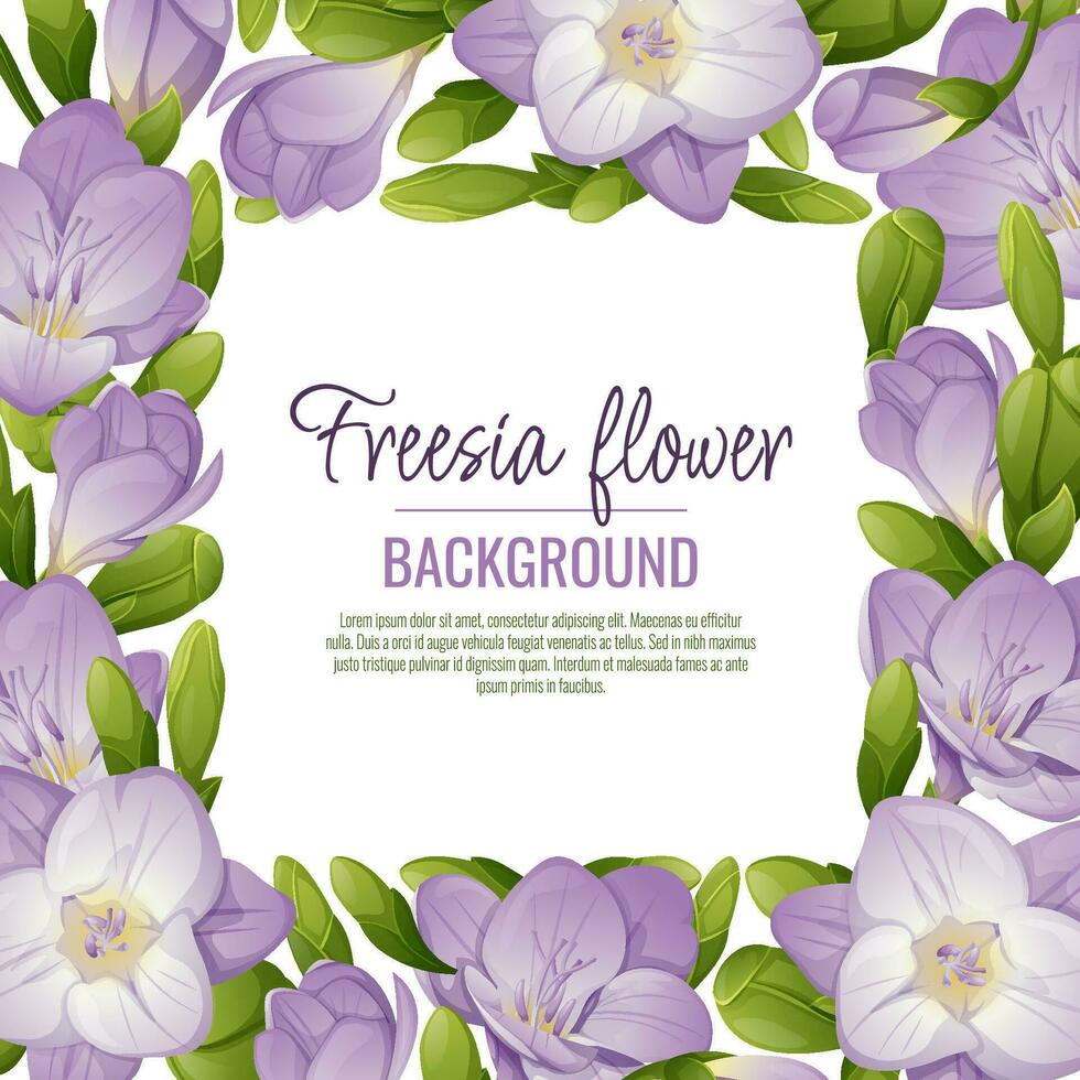 Background with freesia flowers. Beautiful frame with purple flowers and buds. Spring card, banner, wedding invitation vector