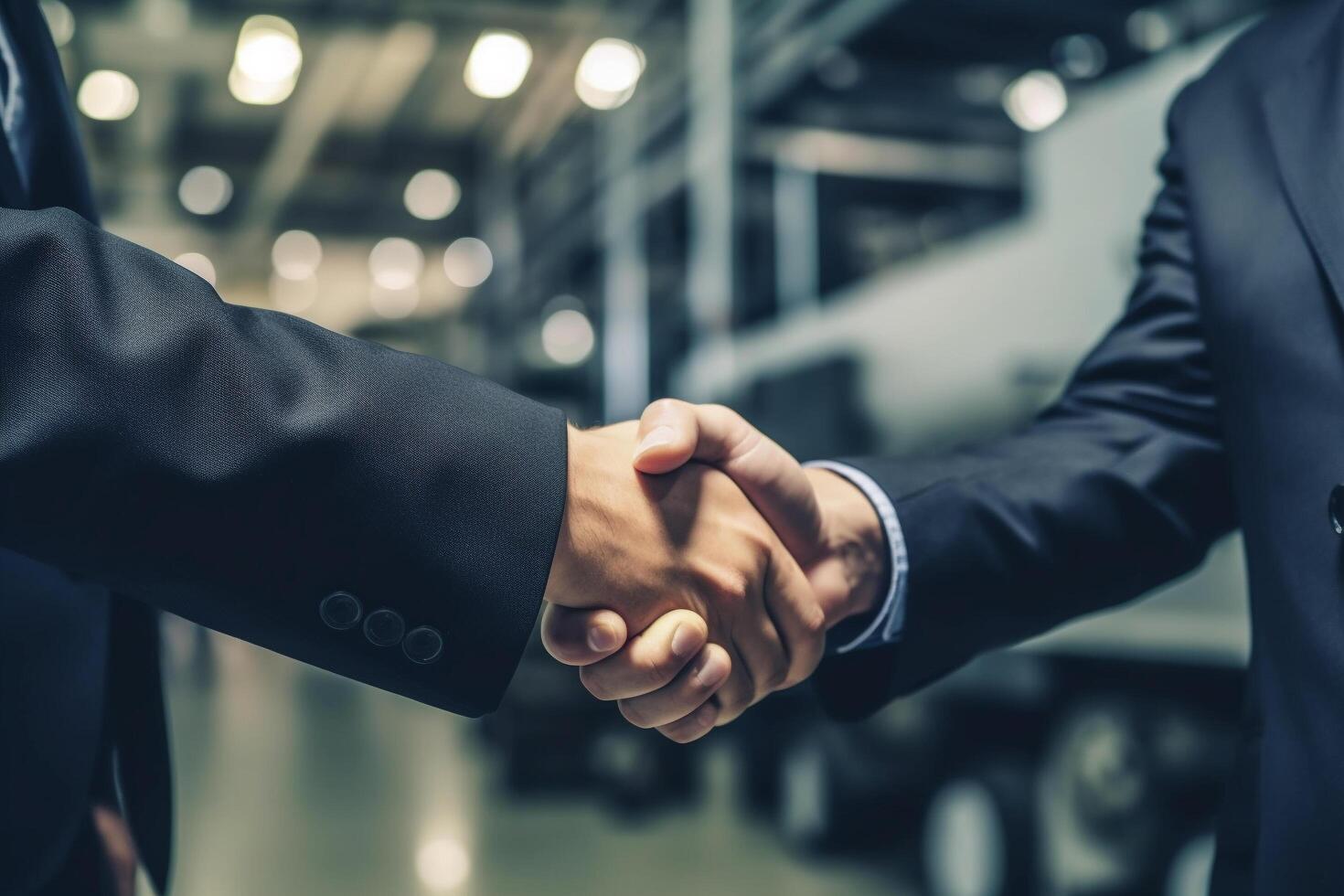 an executive in a suit shaking hands with a logistics worker, signifying a successful business and investment deal in the smart logistics industry Ai generative photo