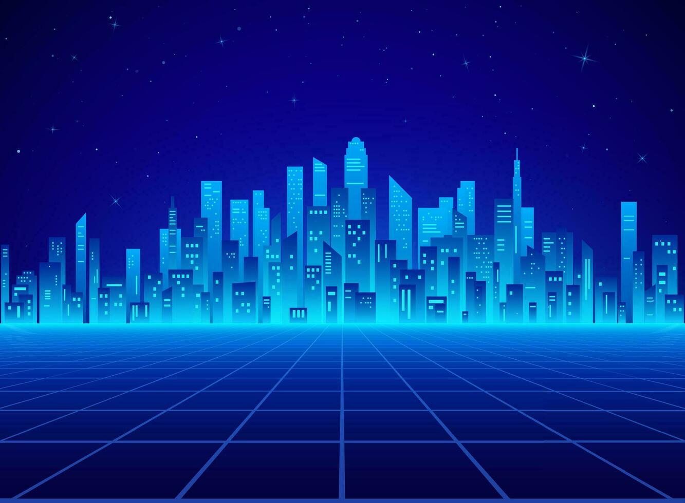 Neon retro city landscape in blue colors. Cyberpunk futuristic town. Sci-fi background abstract digital architecture. Vector illustration