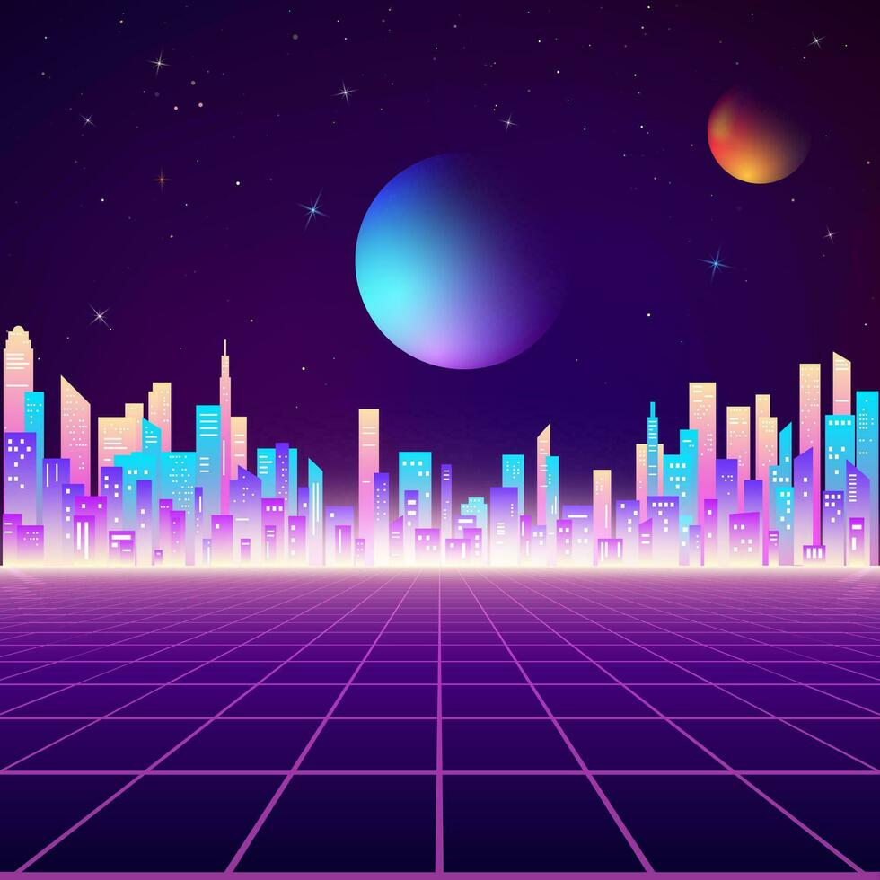 Neon retro city landscape in neon colors. Cyberpunk futuristic town. Sci-fi background abstract digital architecture. Vector illustration