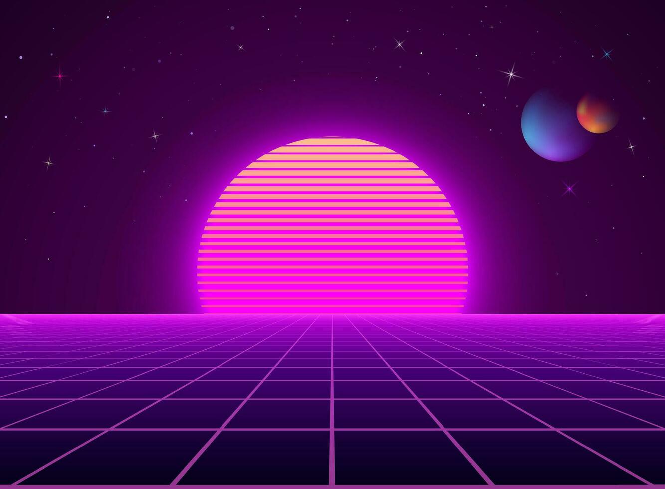 Neon cyberpunk futuristic landscape. Sci-fi background abstract digital planet. Vector illustration