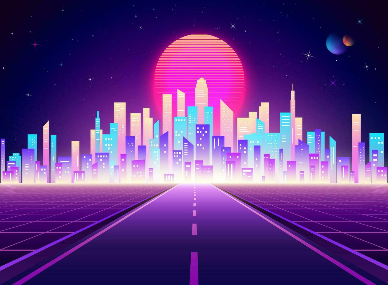 Neon retro city landscape. Highway to Cyberpunk futuristic town. Sci-fi background abstract digital architecture. Vector illustration