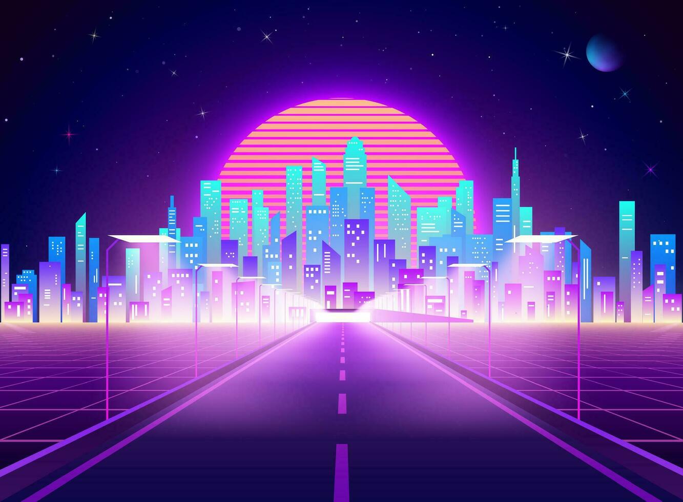 Highway to Cyberpunk futuristic town. Neon retro city landscape. Sci-fi