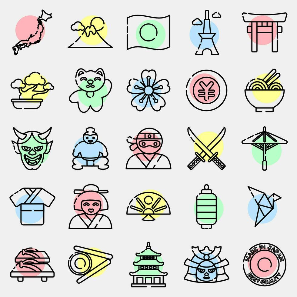 icono conjunto de Japón. Japón elementos. íconos en color Mancha estilo. bueno para huellas dactilares, carteles, logo, anuncio publicitario, infografía, etc. vector