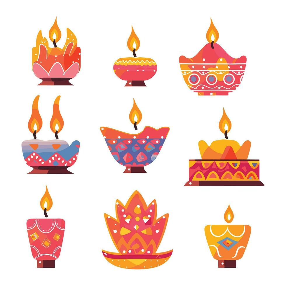 contento diwali petróleo lámpara conjunto diseño vector