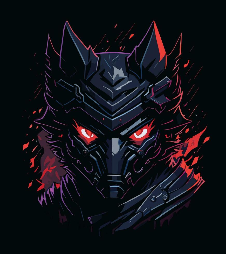 A detailed illustration face evil ninja wolf,magic, t-shirt design, red color , dark magic splash, dark, ghotic, t-shirt design vector