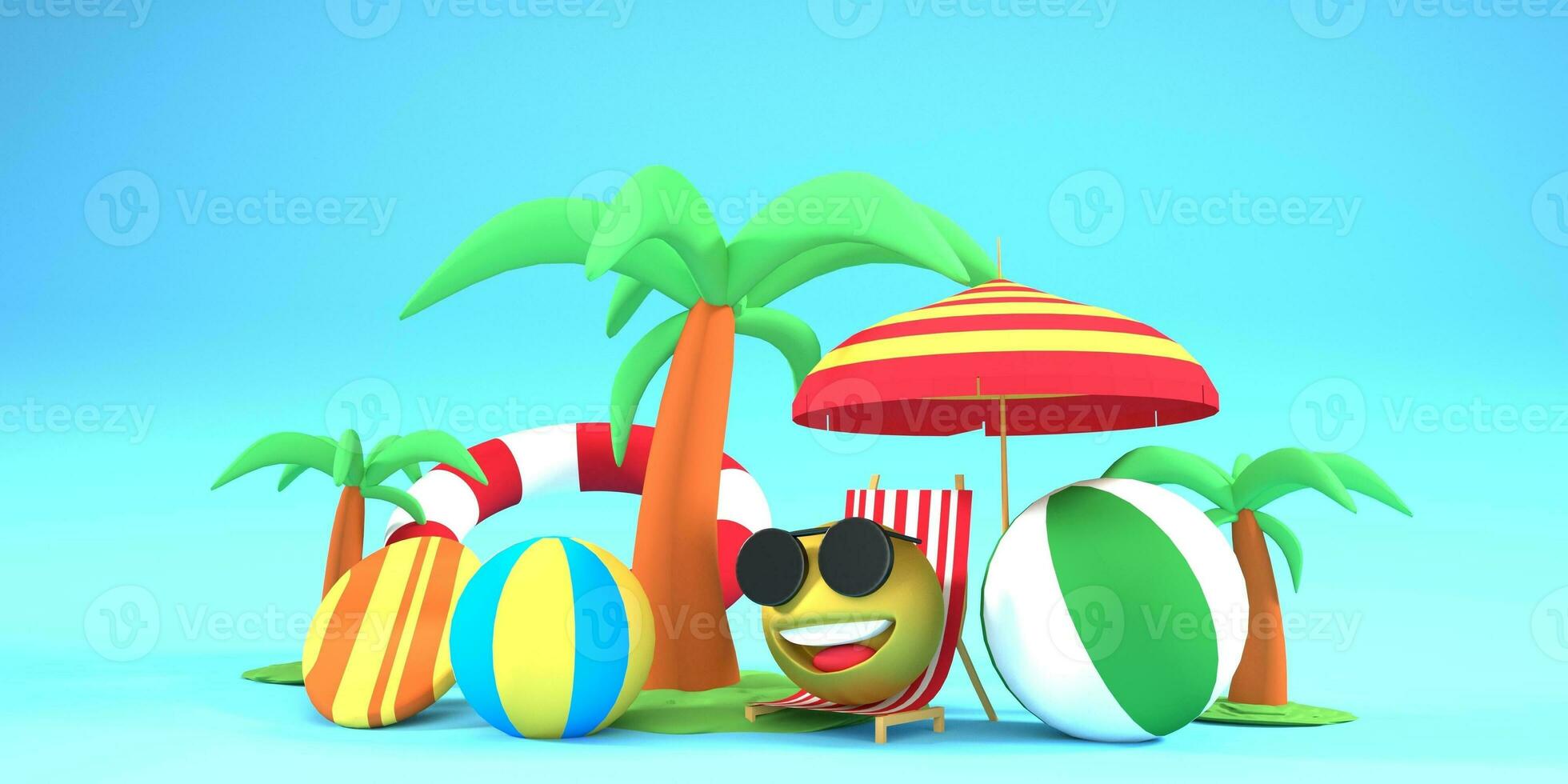 3d HOLIDAY summer sale template. Composition of blue glass board with cute beach object and swimming pool. Concept of island vacation. 3d illustration photo