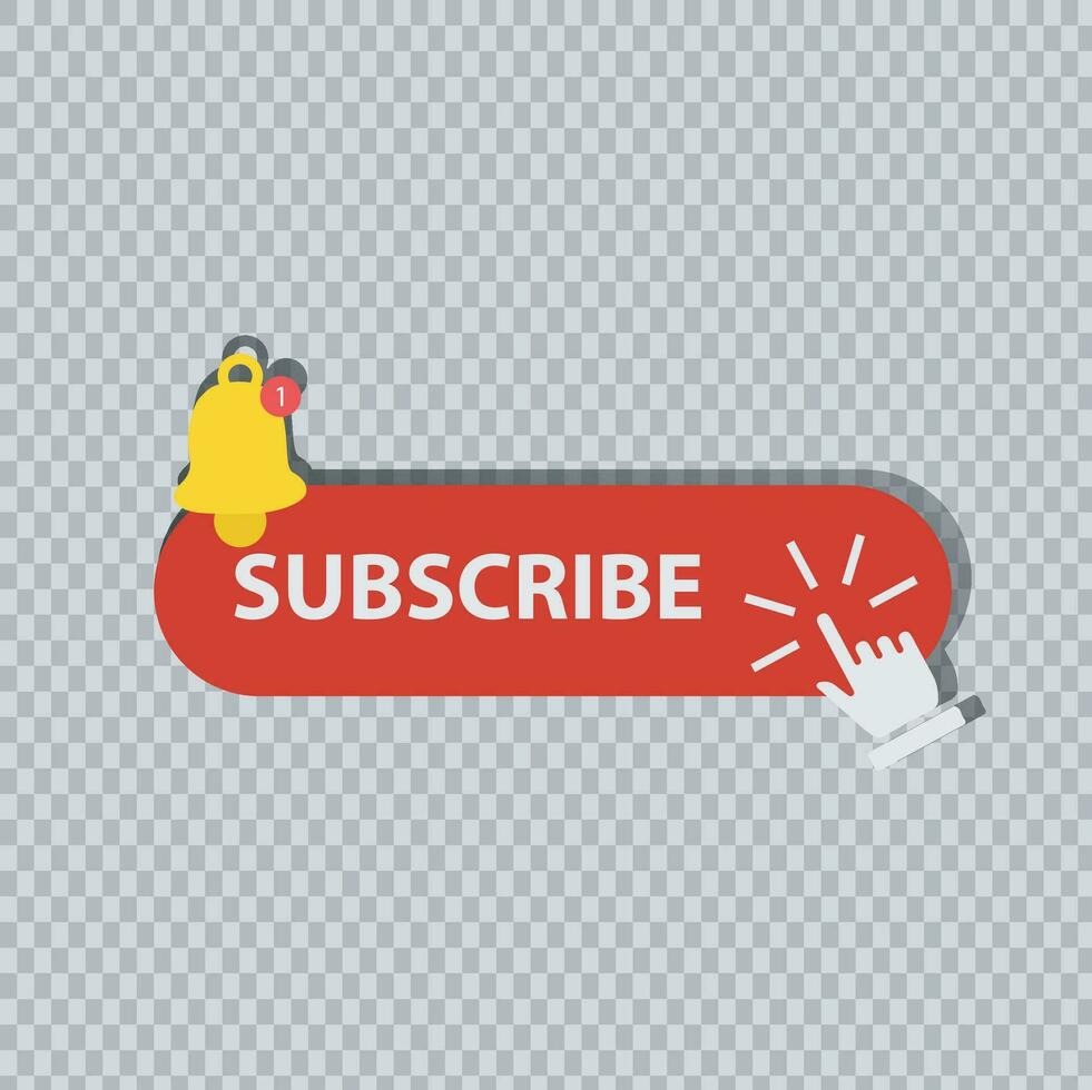 Subscribe, bell button and hand cursor. The red subscribe button fits the video symbol vector