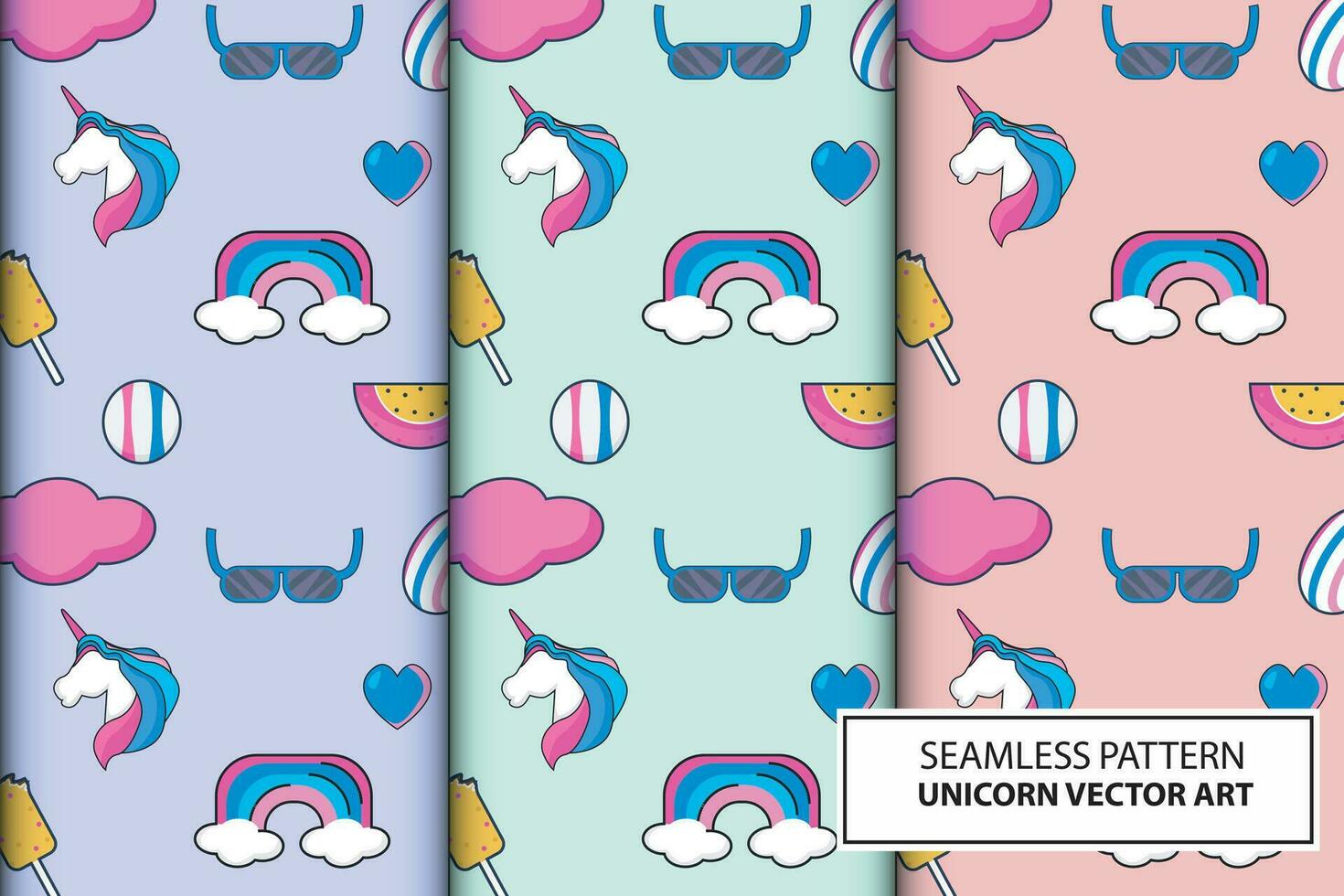 Seamless pattern with unicorns, rainbow donuts, confetti and other elements. Vector background suitable for paper patterns, wall hangings and more. isolated in pastel colors