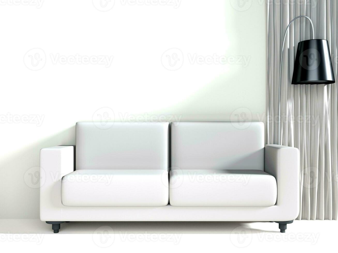 sofa in the living room with curtains and lamp in the morning, sunlight coming in from the right 3d illustration photo