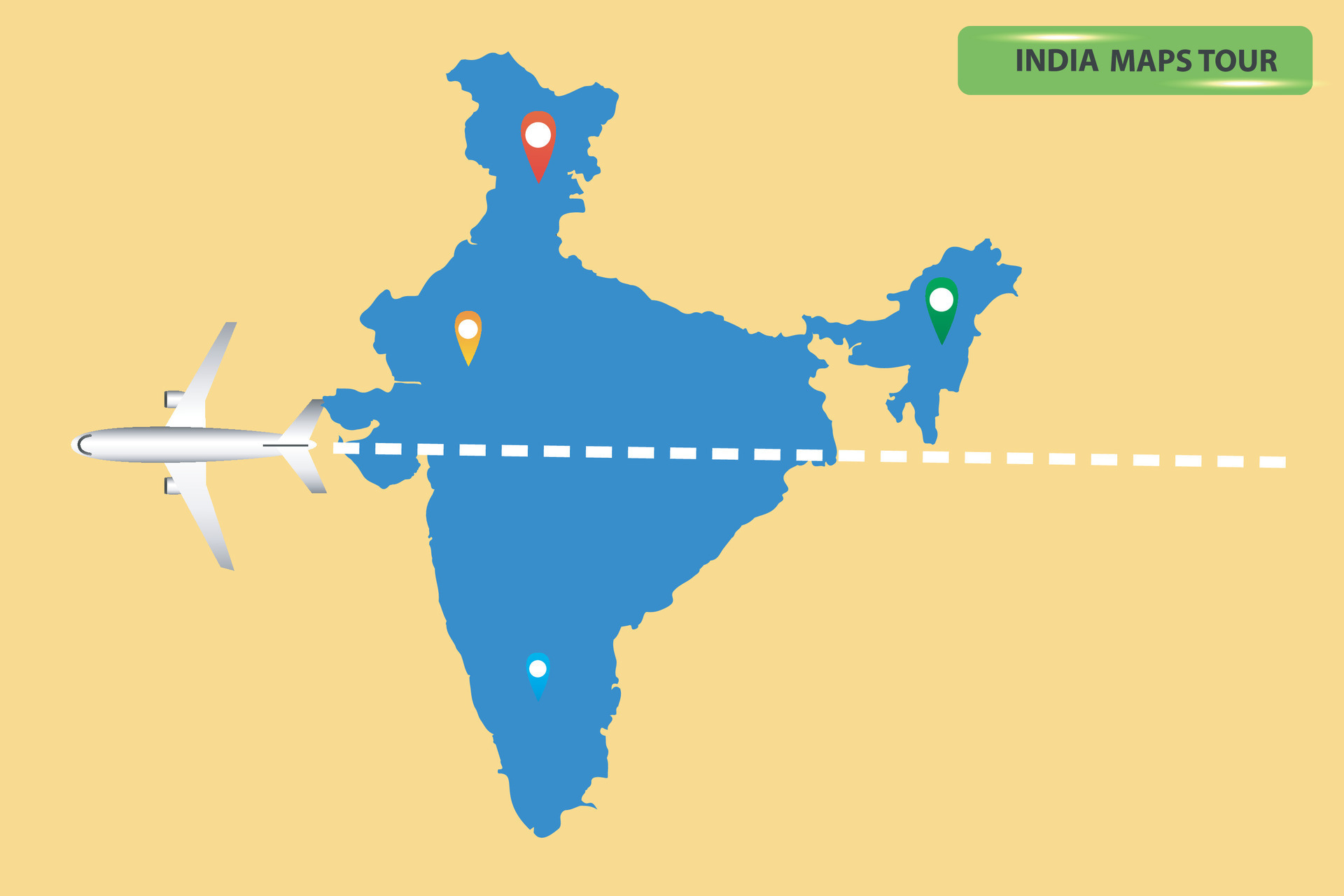 Map of location of india with planes flying over its territory towards