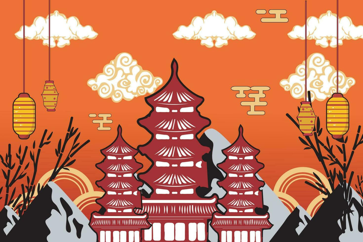 vector of ancient china temple buildings and china cloud mountains, lanterns and Chinese elements